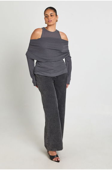 Plus 2-1 Layered Asymmetric Long Sleeve Top - charcoal