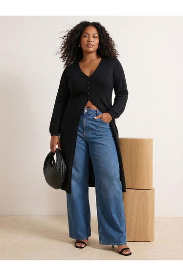 Black Soft Textured V-Neck Cardigan/Dress Dual-Use Knitwear Cardigan