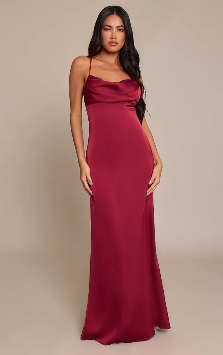 Wine Satin Cup Detail Strappy Maxi Dress Prettylittlething Red : Evening  Dresses : VogaCloset Oman