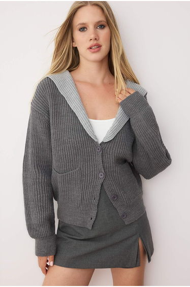 Anthracite Color Block Turn-down Collar Detailed Soft Texture Knitwear Cardigan