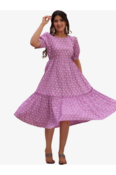 Women Cotton Floral Print Tiered Midi Dress