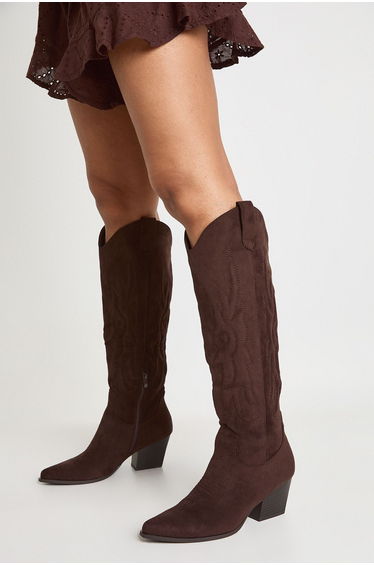 Knee High Embroidered Western Boots - chocolate