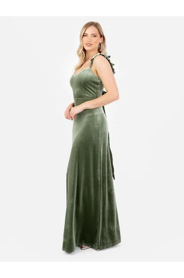 Maya Velvet Moss Green Strappy Tie Back Floor Length Dress