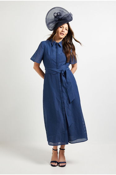 Check Organza Belted Midi Shirt Dress