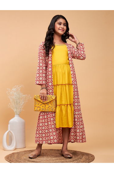 Solid Tiered Midi Dress with Floral Printed Shrug