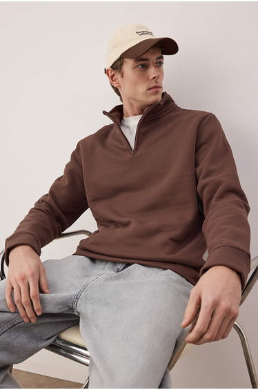 Brown regular/normal cut high neck textured sweatshirt with inner lining
