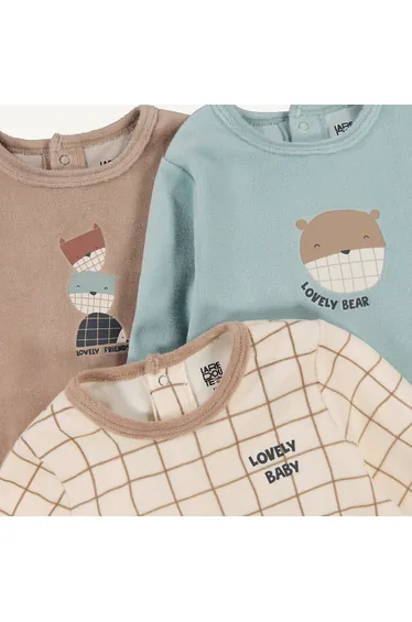 Pack of 3 Sleepsuits in Check/Animal Print Velour