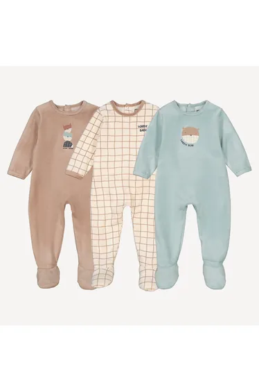Pack of 3 Sleepsuits in Check/Animal Print Velour