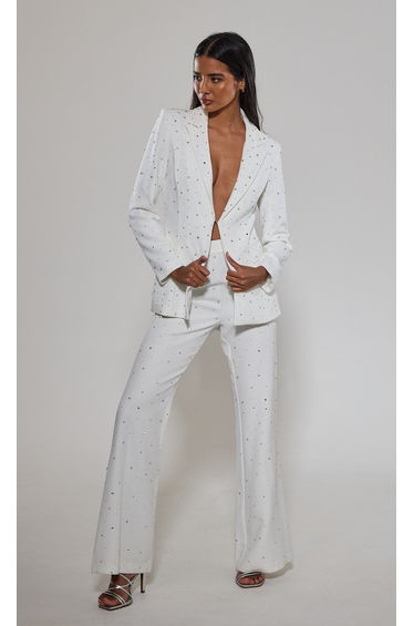 White Diamante Embellished Flared Trousers