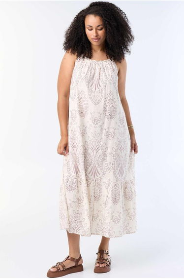 Printed Long Strap Dress BEIGE