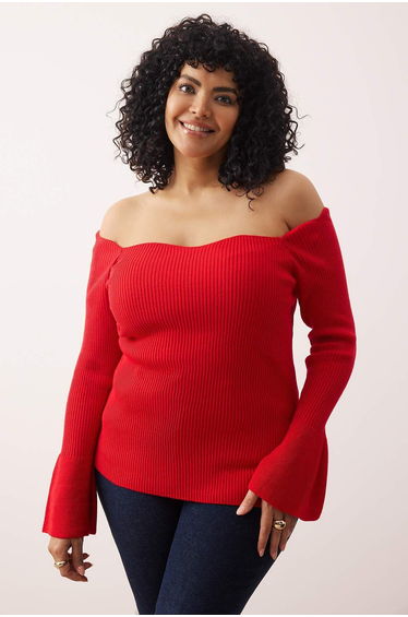 Red Ribbed Carmen Collar Knitwear Sweater