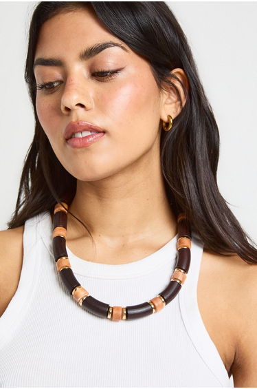 Wooden Beaded Statement Necklace - brown