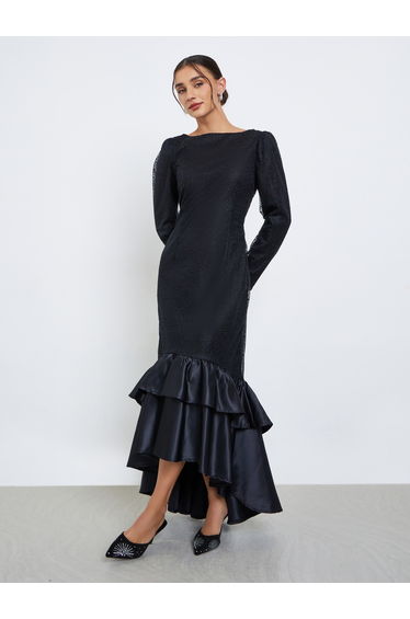 Black Ruffled Mermaid Hem Maxi Dress