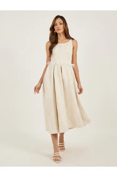 Self Design Sleeveless Pleated A-Line Midi Dress with Faux Feather Detail