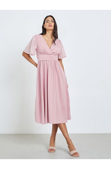 Pink Printed Short Sleeves A-Line Midi Dress
