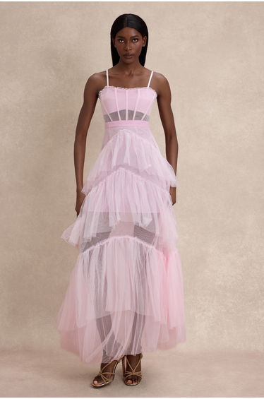 Mesh See-Through Ruffle Maxi Dress