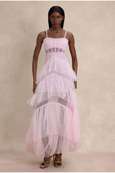 Mesh See-Through Ruffle Maxi Dress