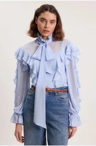 شيفون أزرق بكشكش بأكمام طويلة