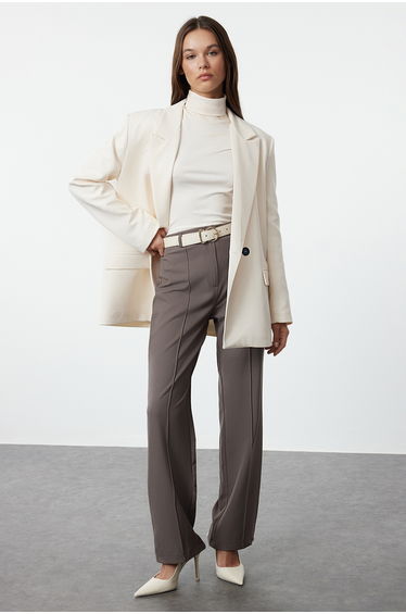 Anthracite Straight Cut High Waist Ribbed Stitched Woven Trousers
