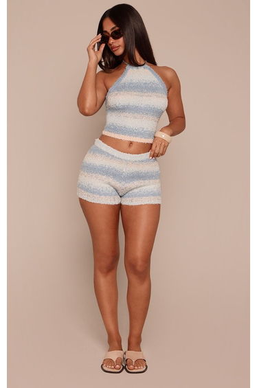 Petite Blue Stripe Brushed Knitted Fitted Mini Shorts