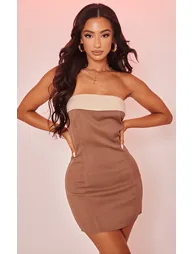 Petite Chocolate Linen Look Contrast Fold Bodycon Dress