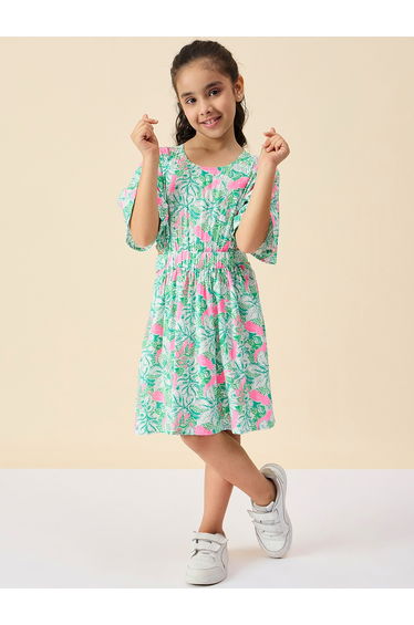 Girls Green Floral Print Gathered Waist Dress