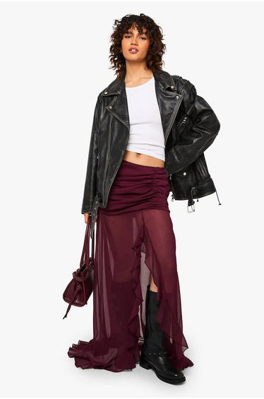 Chiffon Ruffle Split Leg Maxi Skirt - wine
