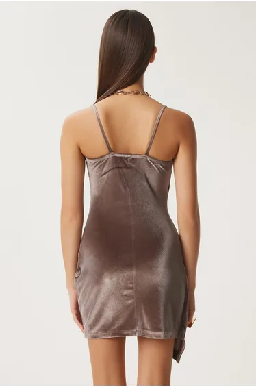 Women's Mink Wrap Collar Gathered Mini Velvet Dress