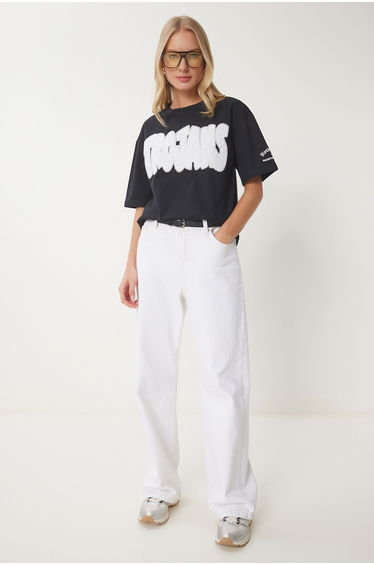 Women's Black Slogan Beaded Embroidered Cotton T-Shirt