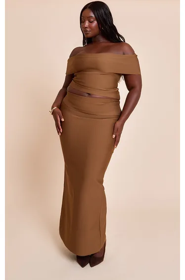 Plus Deep Chocolate Tailored Bandage Knit Fold Over Maxi Skirt