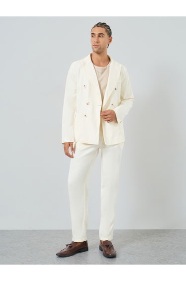 Men Cream Double-Breasted Blazer and Trousers Co-Ords