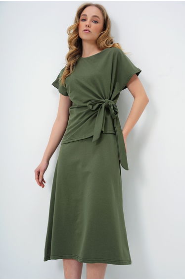 Women's Khaki Crew Neck Draped Detail Blouse and Flared Skirt Set