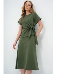 Women's Khaki Crew Neck Draped Detail Blouse and Flared Skirt Set