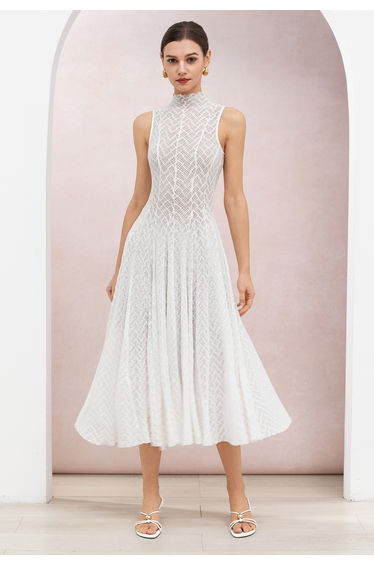 Lace Wavy Mock Neck Sleeveless Mesh Dress in White for Bridal Events & Date Night