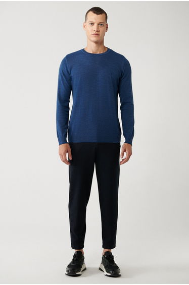 Men's Indigo Crew Neck Wool Blended Knitwear Sweater