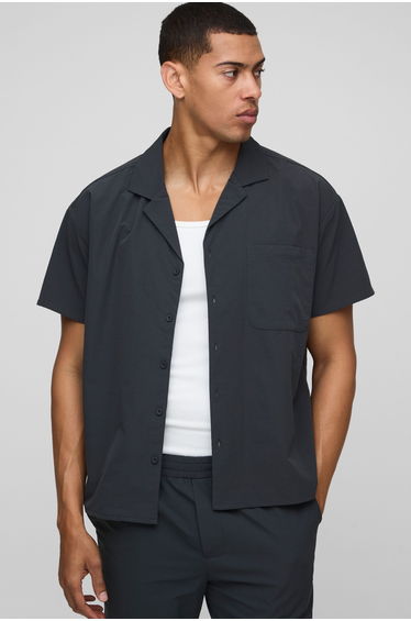 Short Sleeve Stretch Boxy Fit Shirt - dark grey