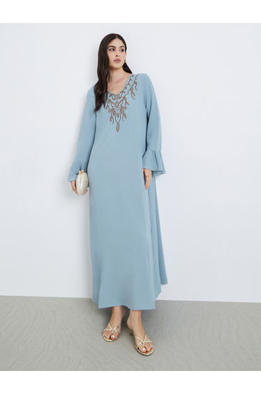 Women Blue Maxi Jalabiya with Embroidered Detail