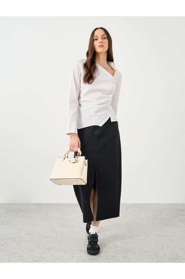 Women Cream Asymmetric Neck Striped Shirt