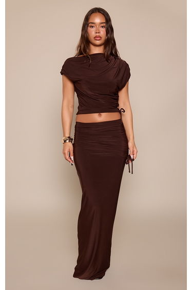 Dark Brown Ruched Waist Slinky Maxi Skirt