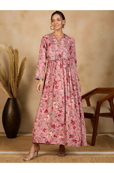 Women Pink Embroidered Long Sleeve Maxi Dress