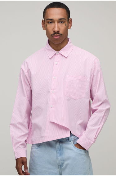 Oversized Boxy Asymmetric Placket Stripe Shirt - pink