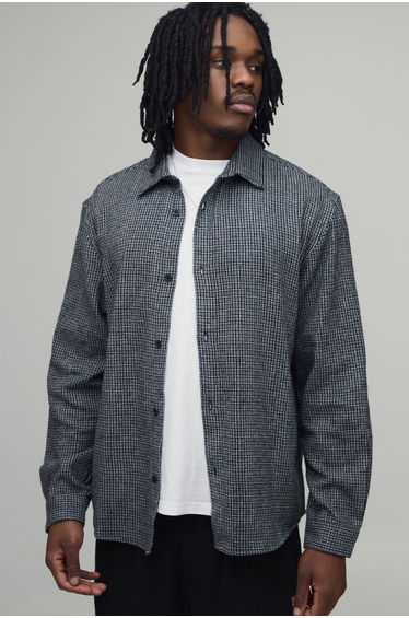 Tall Oversized Curved Hem Micro Check Shirt - black