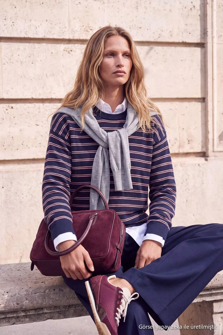 Wardrobe Essentials Navy Blue Striped Oversize Crew Neck Knitwear Sweater - 1