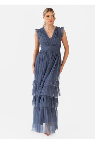 Anaya With Love Vintage Indigo Flutter Sleeve Ruffle Maxi Dress