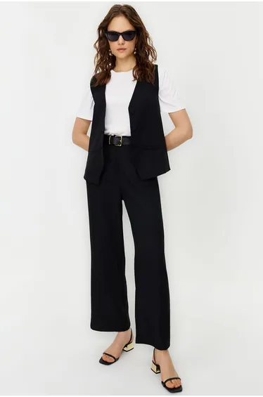 Black Linen Look Stylish Vest Trousers Woven Bottom Top Set
