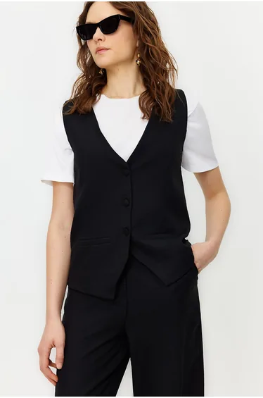 Black Linen Look Stylish Vest Trousers Woven Bottom Top Set