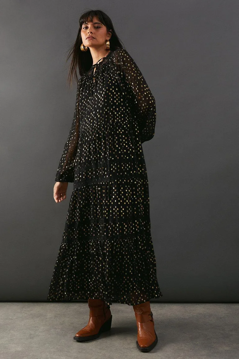 Shop Metallic Jacquard Dobby Lace Insert Midi Smock Dress Online in Bahrain