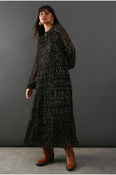 Metallic Jacquard Dobby Lace Insert Midi Smock Dress