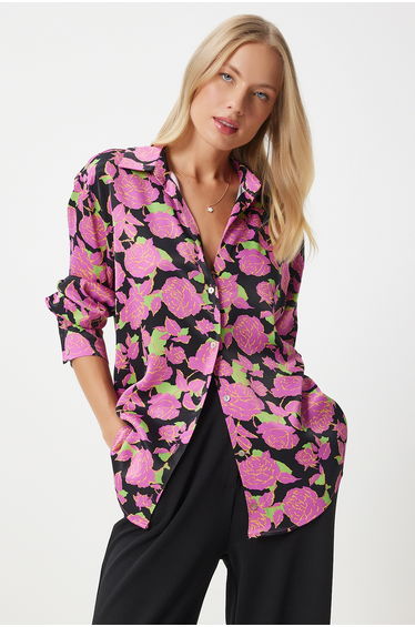 Women's Pink Black Floral Satin Finish Shirt