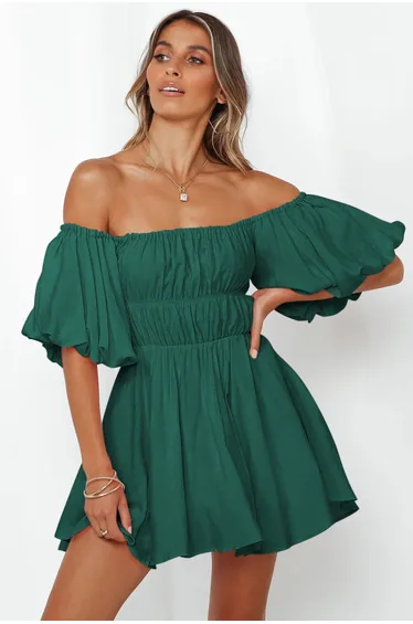 Lvness Green Solid Color Shirred Bubble Sleeve Off Shoulder Babydoll Dress